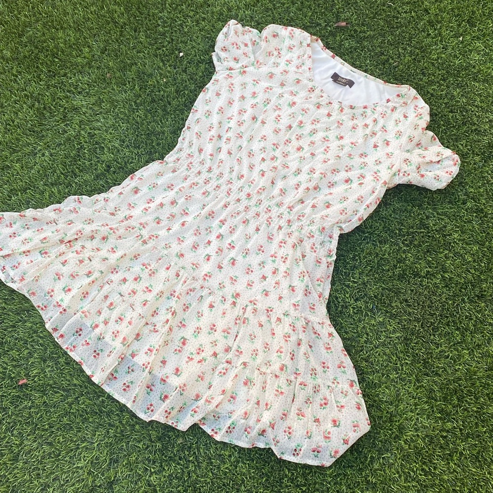 Cream colored floral chiffon dress.